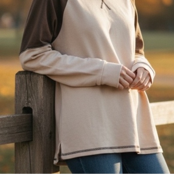 NEW•XL•Peace By Piece Women’s  Two-Tone Raglan Long-Sleeve Top - Cream and Brown - Picture 4 of 15